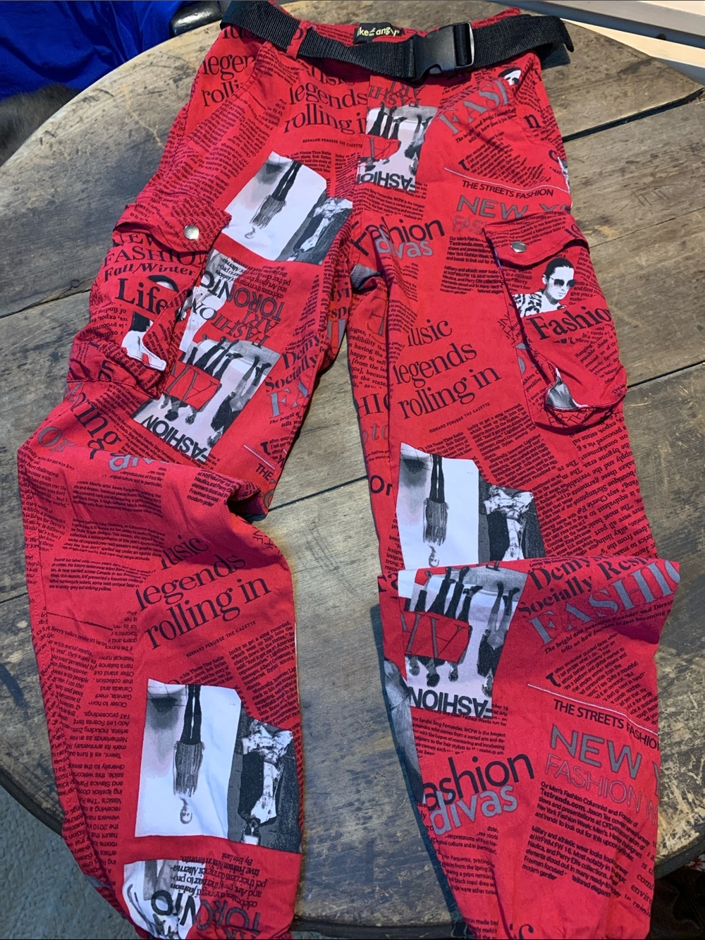 Like An Angel Red Graphic Fashion Newspaper Print Cargo Jogger Pants